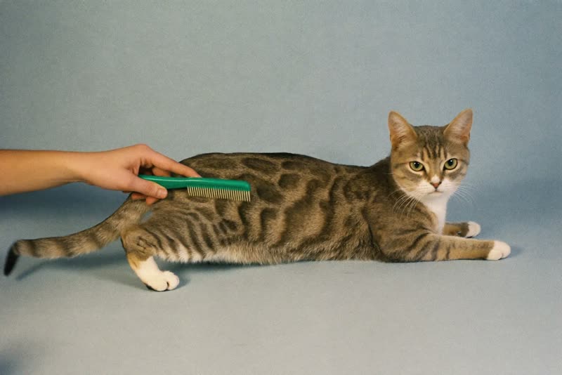 A long-haired cat being combed through matted fur