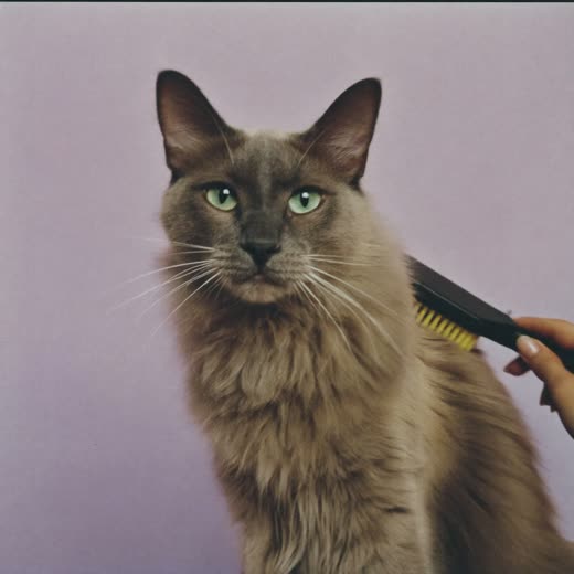 A long-haired cat being brushed